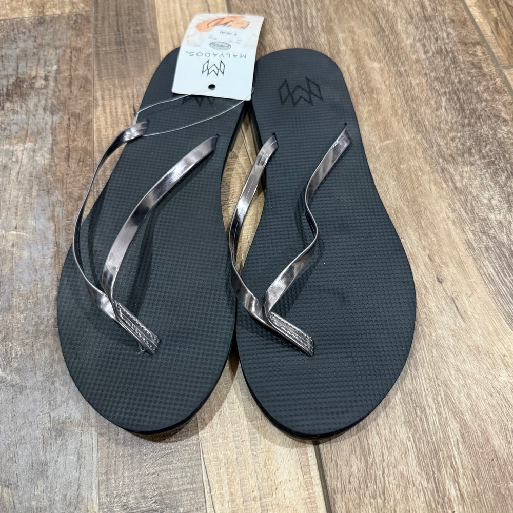 Malvados Lux Raven Black‎ Gunmetal Metallic Flip Flop Sandals Womens 7/8 NEW